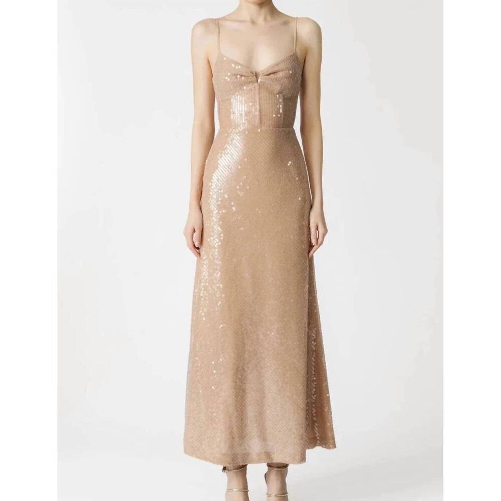 NEW SAU LEE olivia midi dress in champagne gold